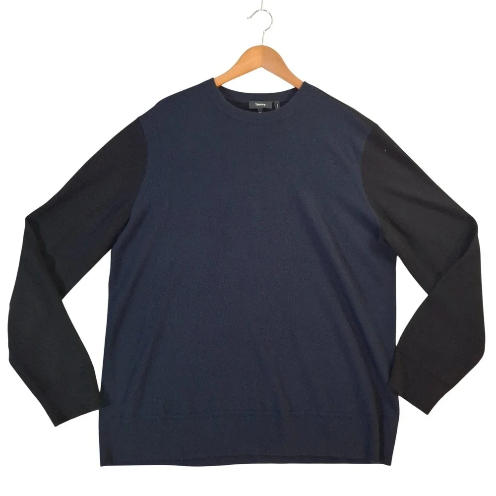 Theory Cashmere Sweater Men's 2XL Navy Black Hilles Crewneck Colorblock Pullover